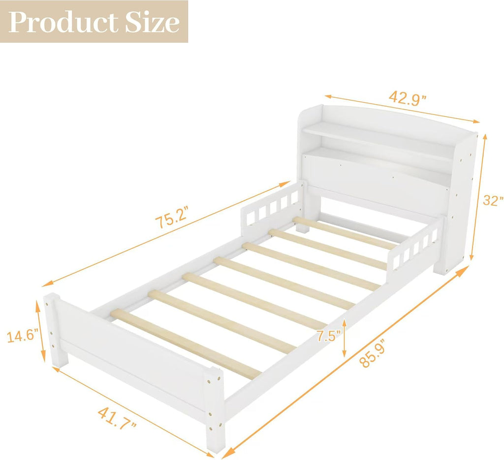 Twin Size Kids Bed, Twin Bed with Storage Bookcase & Headboard, Bed Frames with Rails & LED Motion Sensor Light, for Bedroom, for Boys & Girls, White