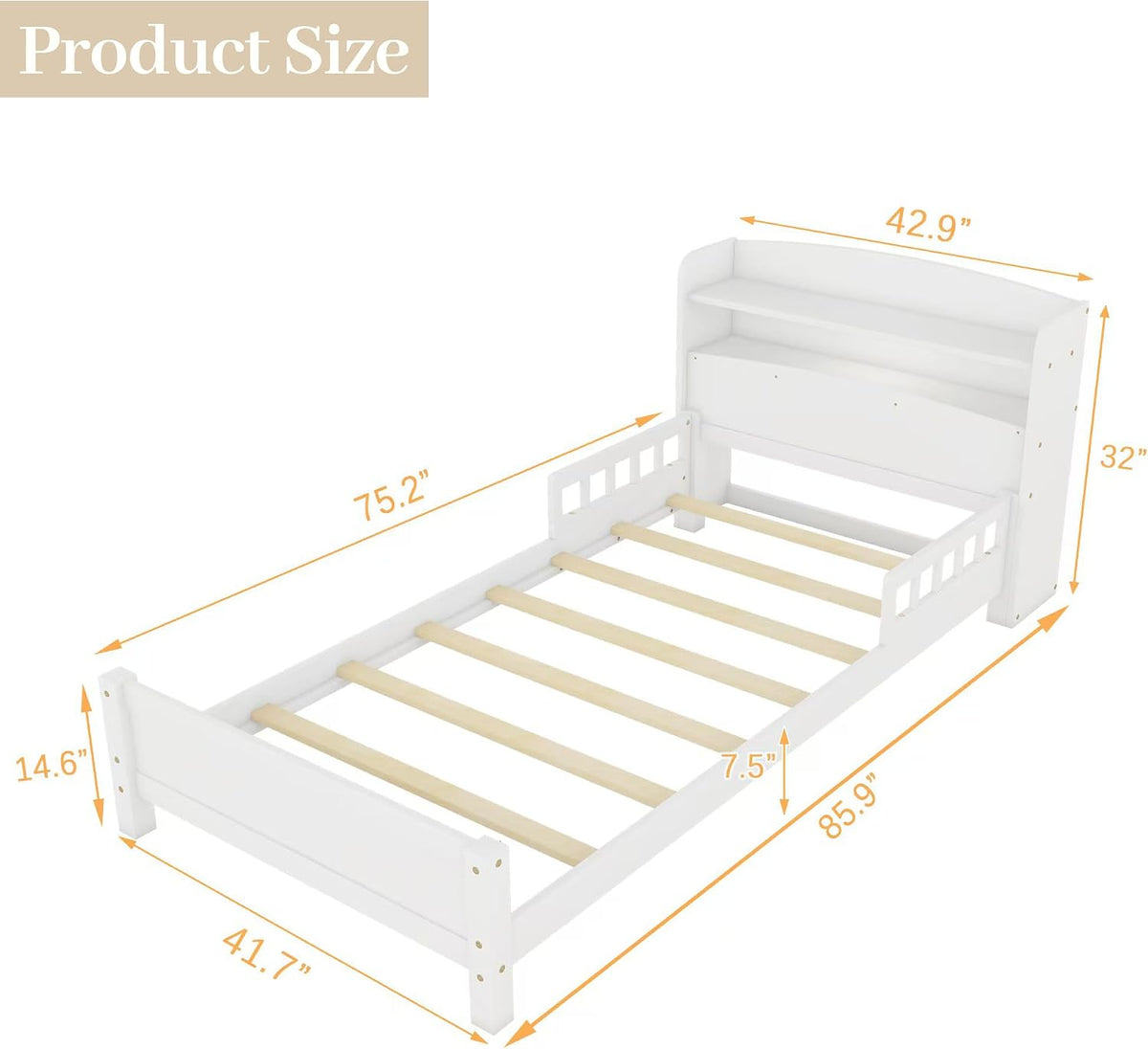 Twin Size Kids Bed, Twin Bed with Storage Bookcase & Headboard, Bed Frames with Rails & LED Motion Sensor Light, for Bedroom, for Boys & Girls, White