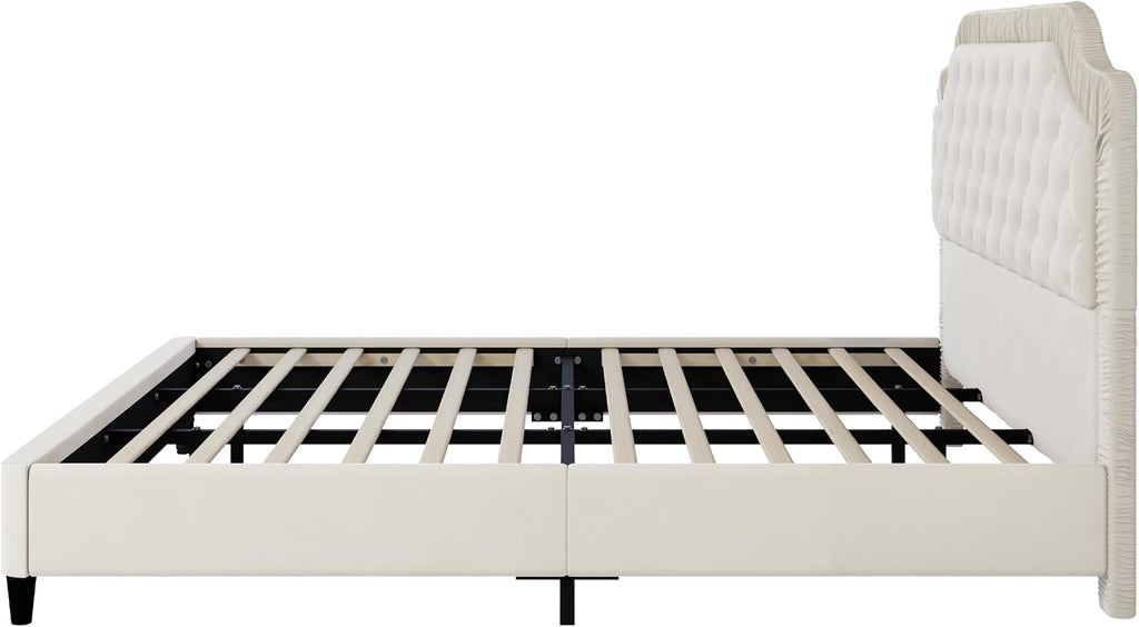 King Size Upholstered Platform Bed Frame with Ruched and Button Tufted Headboard, Tufted Velvet Upholstered Platform Bed with Wood Slat Support for Kids Teens Adult Bedroom (White-60v)