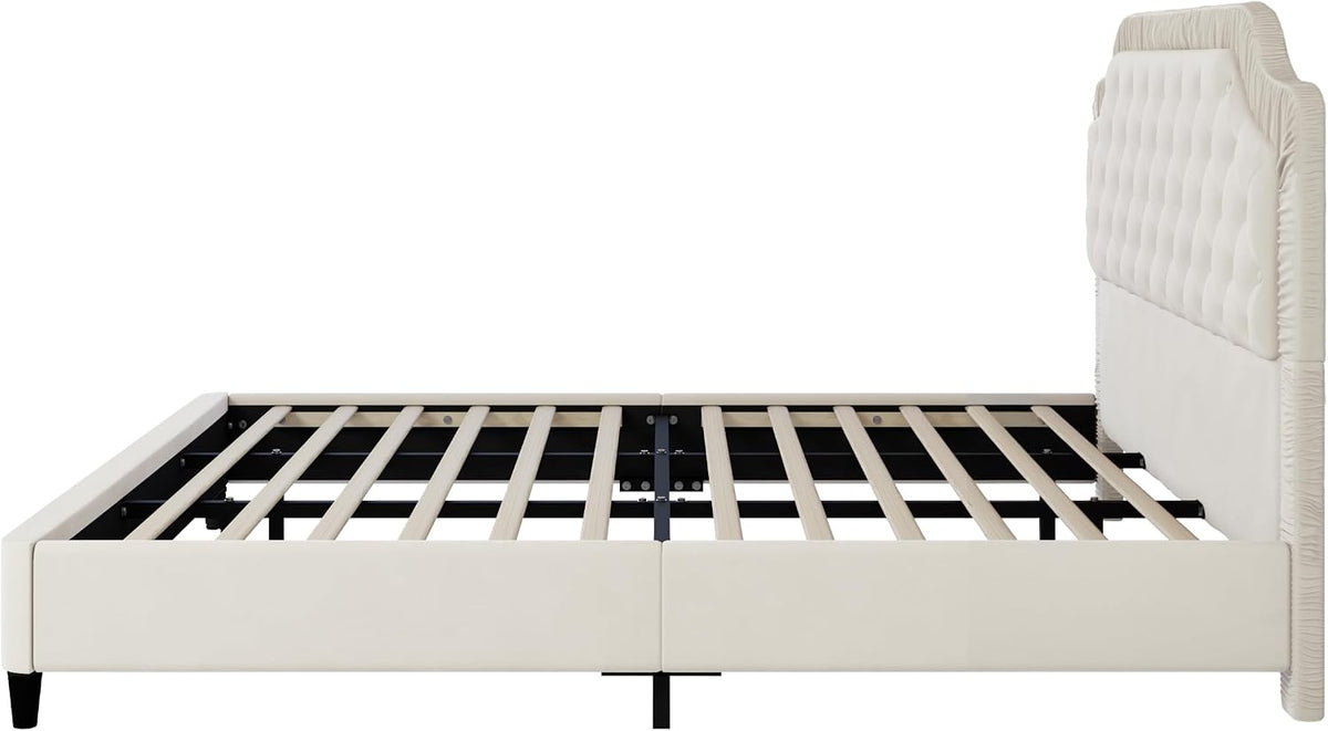 King Size Upholstered Platform Bed Frame with Ruched and Button Tufted Headboard, Tufted Velvet Upholstered Platform Bed with Wood Slat Support for Kids Teens Adult Bedroom (White-60v)