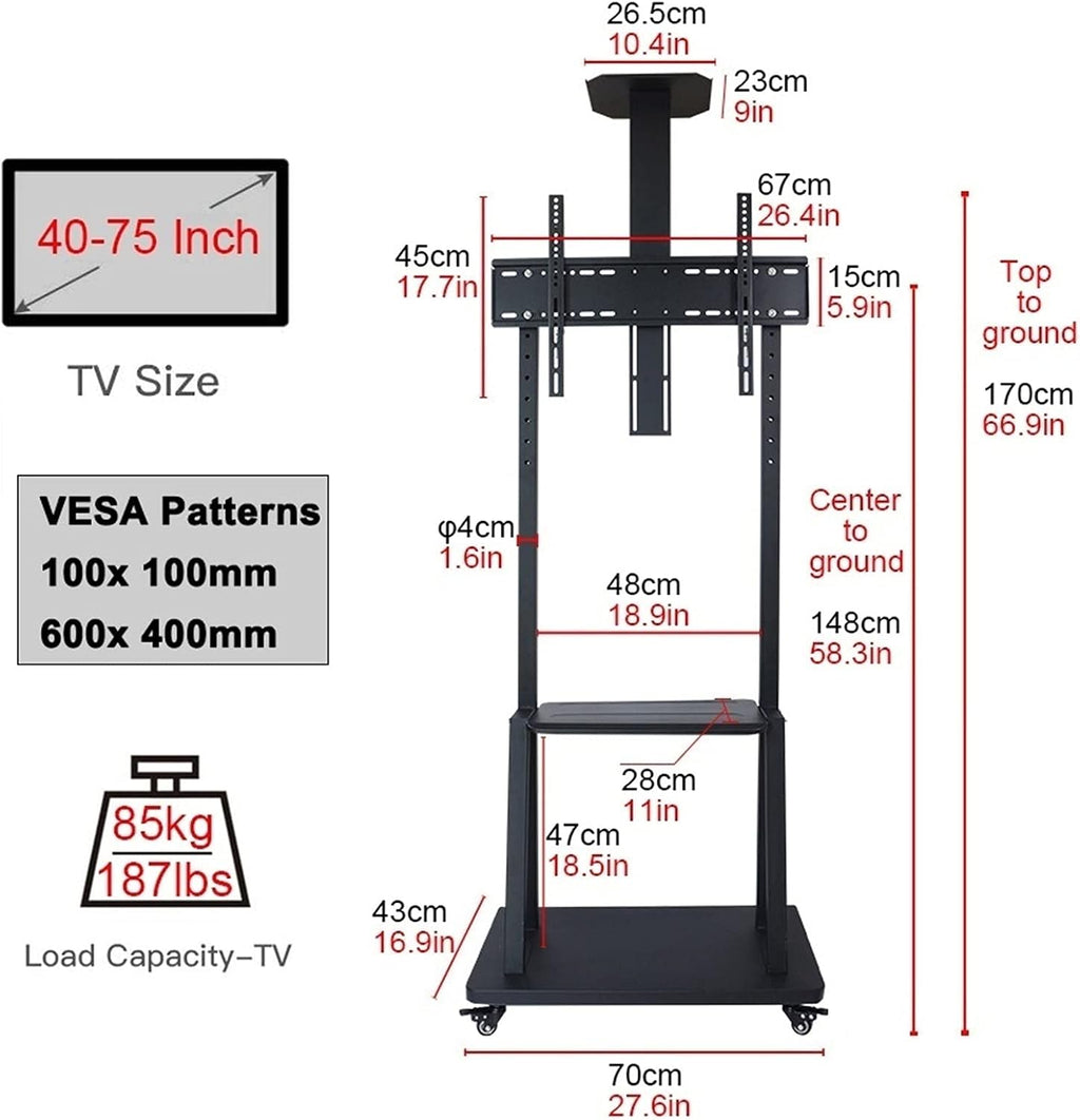 Tall Floor TV Stand for 75 65 55 50 40 Inch TV, Universal Mobile TV Stand with Wheels and Storage, Black Rolling TV Cart Adjustable Height Beautiful Scenery