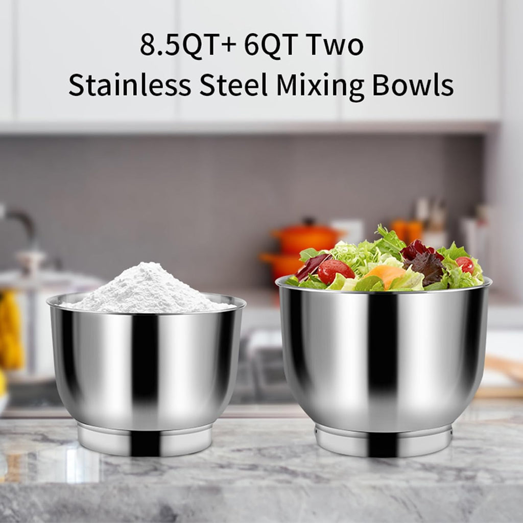 Stand Mixer, 8.5QT+ 6QT Two Stainless Steel Bowls Electric Food Mixer, 7 in 1 Multifunctional Kitchen Mixer with Dough Hook, Whisk, Beater, Meat Grinder,Pasta & Cookie Maker-Black