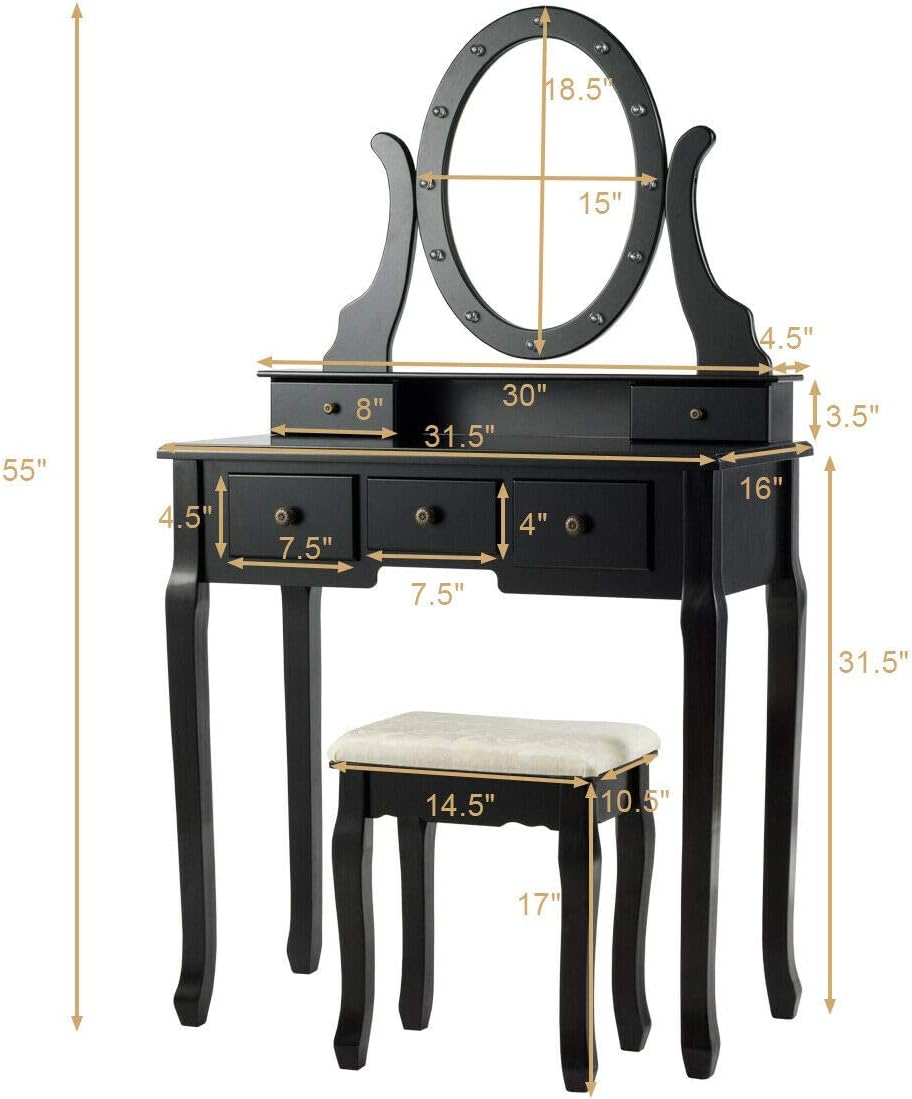 DORTALA Makeup Vanity Table Set, 5 Drawers Dressing Table w/ 360° Rotating Oval Mirror, Detachable Top, 12 LED Light Bulbs, Multifunctional Girl Dressing Table Set w/Vanity Padded Bench, Black