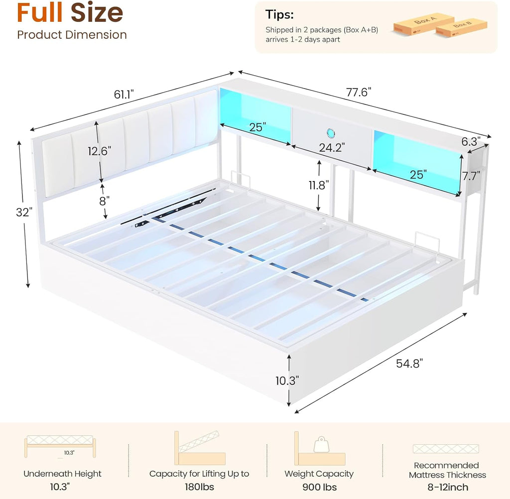 DICTAC Corner Full Bed Frame with Hydraulic Storage,Charging Station & Led Lights Corner Lift up Bed with Storage Drawers & Upholstered Headboard & Bookcase,Full Size Daybed for Teen/Adult,White