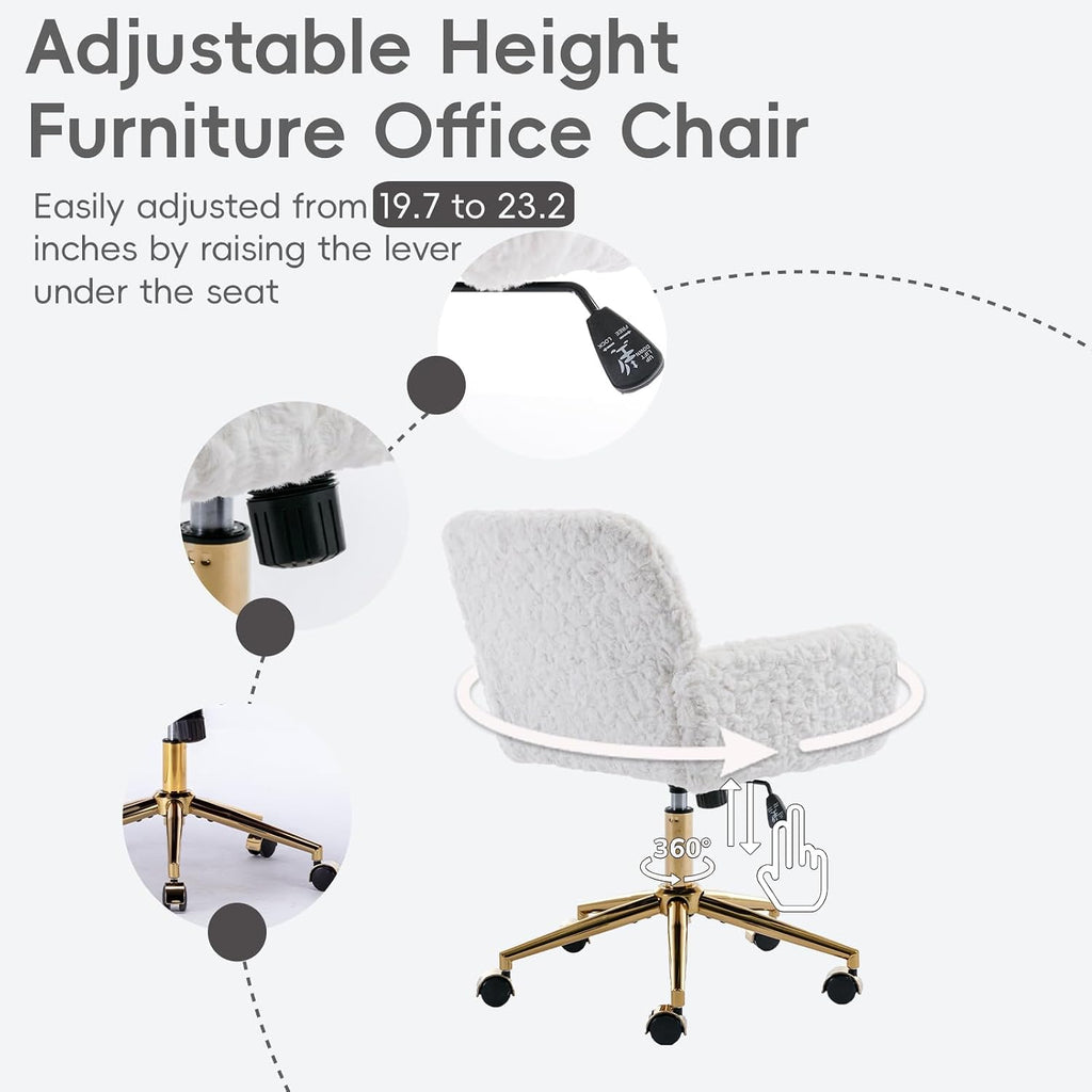 Plush Faux Fur Desk & Vanity Chair with Gold Base – Comfy Adjustable Girls Desk Chair, Makeup Chair, 360° Swivel, Tilt Backrest, Rolling Wheels – Modern Chic Home Office Seating,White