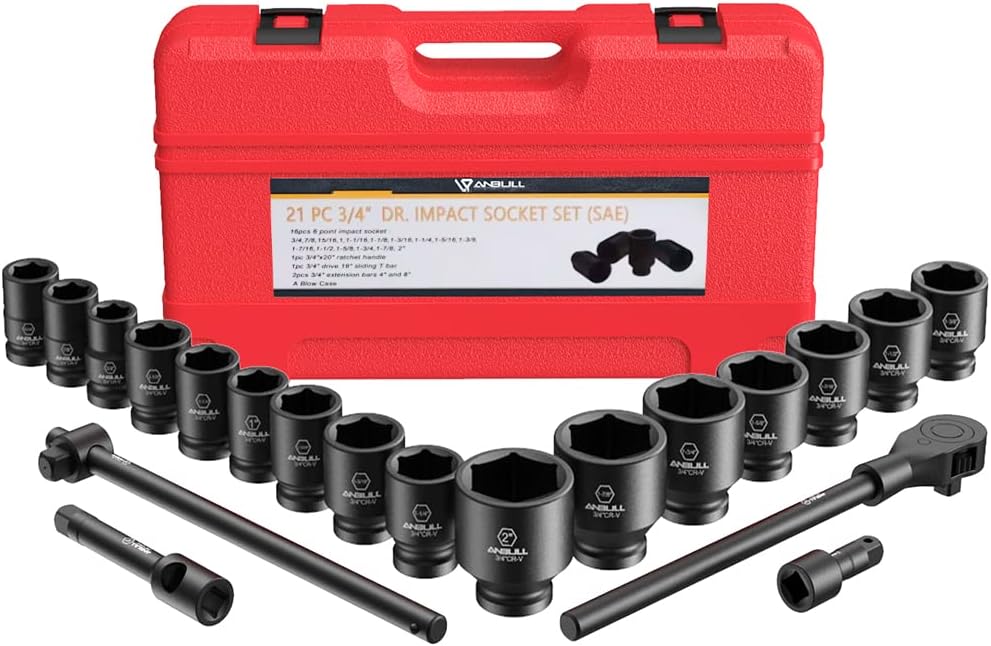 Anbull 3/4' Drive Jumbo Impact Socket Set, 21 Piece Shallow Socket Assortment, 6-Point Standard SAE Sizes (3/4-Inch to 2-Inch) | Cr-V Steel