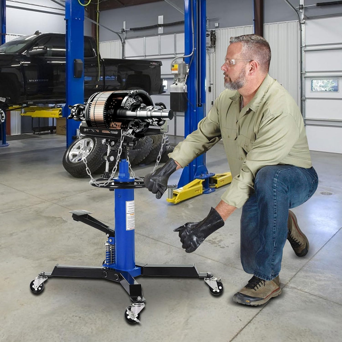 1322Lb Heavy Duty Transmission Jack, 33.5'-69' High Lift Hydraulic Telescoping Transmission Jack, 2-Stage Telescopic Transmission Stand with Foot Pedal & 360° Swivel Wheel, Blue