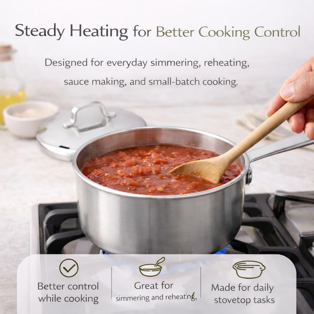 Alva Maestro 1.7 Qt Stainless Steel Saucepan with Lid, Durable Everyday Sauce Pot for Sauces, Grains, Oatmeal & Small-Batch Cooking, Induction Compatible, Oven Safe, Lazered Measurement Marks