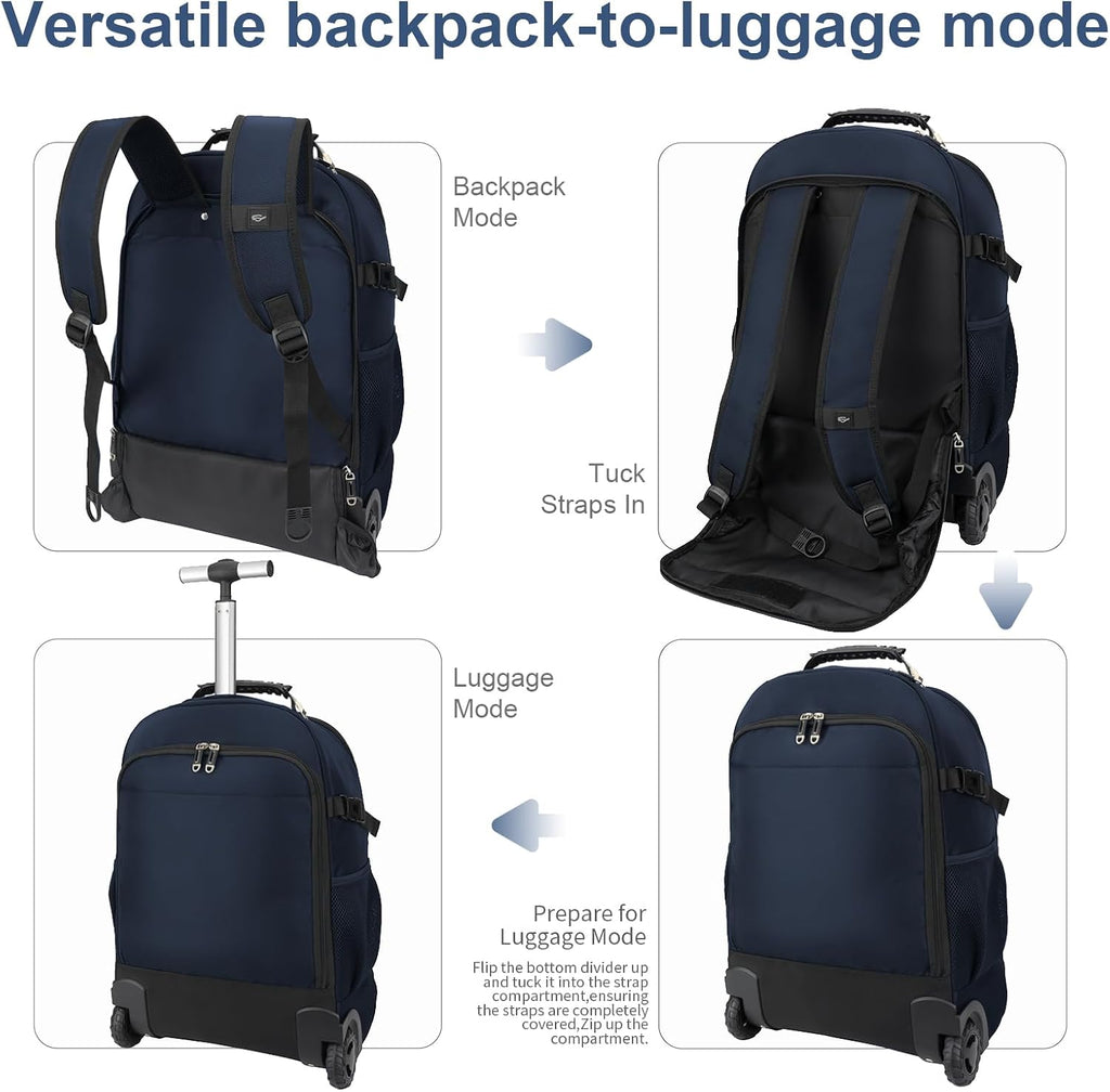 Backpack with wheels,rolling backpack with 2 Packing Cubes and compression bags,Laptop Compartment,Water Resistant Luggage suitcase,Air Travel,Weekend Trips (Blue)