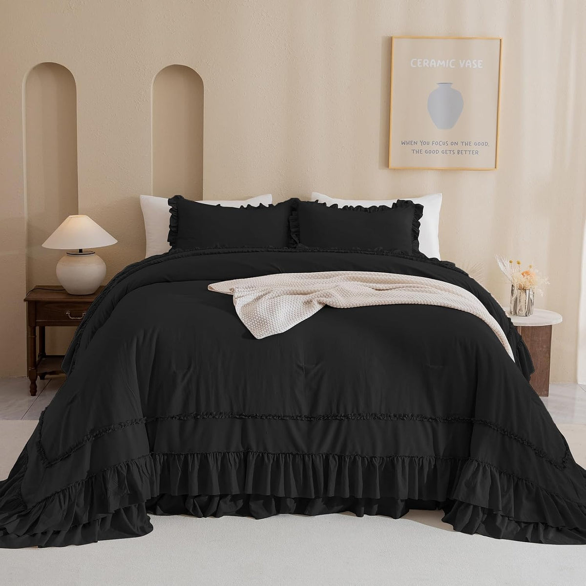 QSH 3PCs Black Ruffled Oversized King Comforter 120x120,Farmhouse Shabby French Country Chic Ruffle Bed Comforter Set Boho Lightweight Ultra Soft Microfiber California King Comforter with Pillowcases