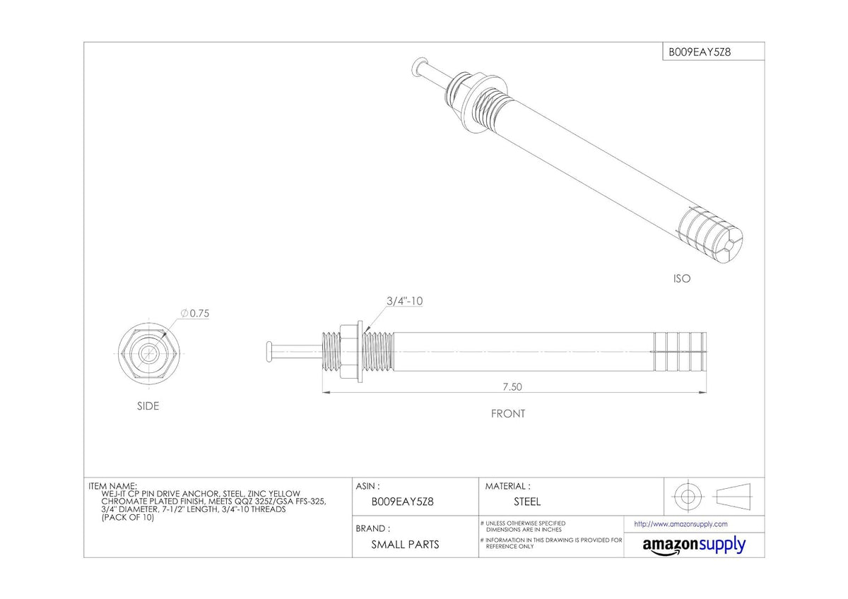 Wej-It Strike-It CP3460 Pin Drive Anchor, Steel, Yellow Dichromate Finish, Meets GSA FFS-325 Group II Type 4 Class 1, 3/4' Diameter, 6' Length (Pack Of 10)