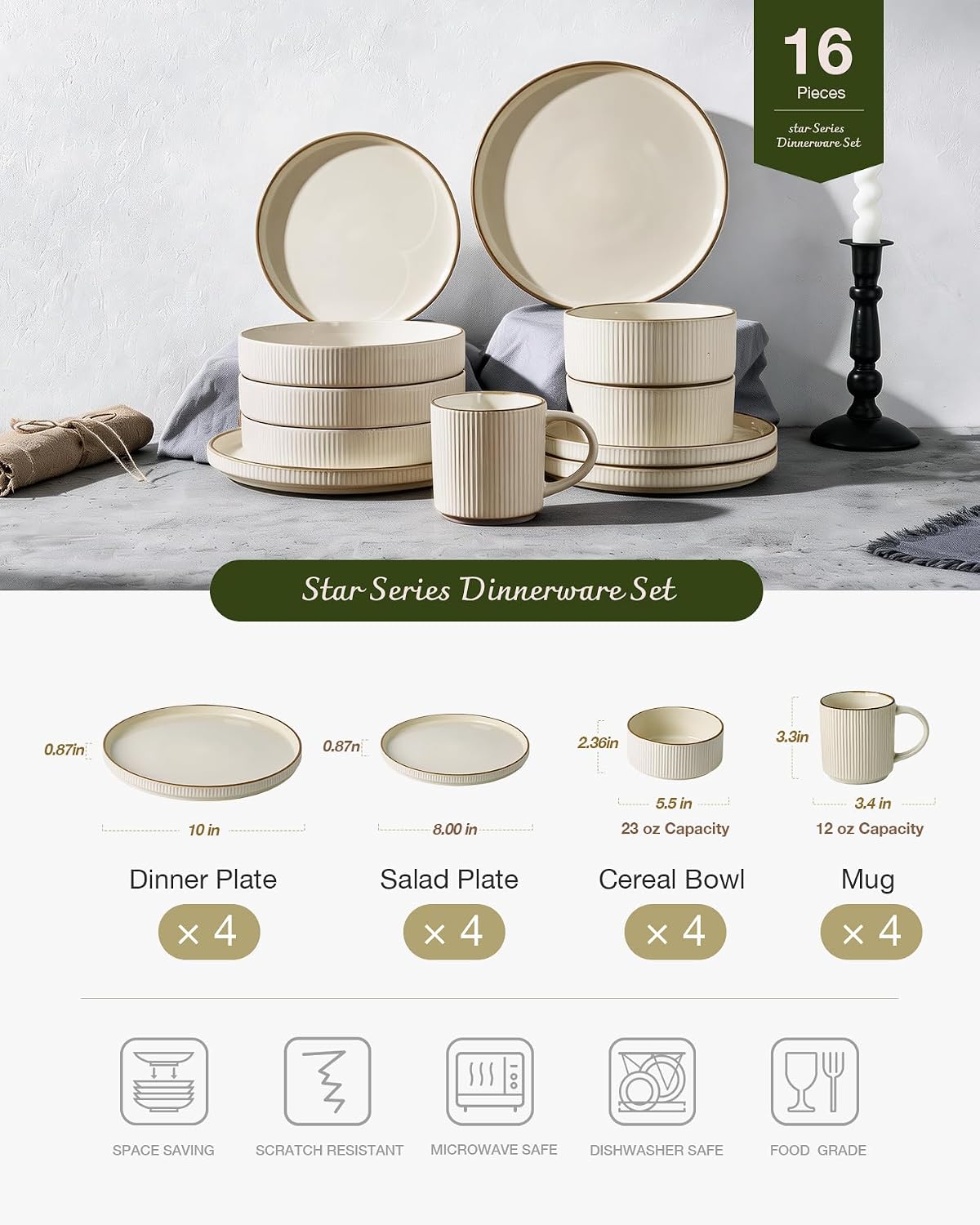 Famiware Star 16-Piece Stoneware Dinnerware Set with Trim, Service for 4 -Ceramic Mugs, Plates and Bowls, Modern Rustic Dishes with High Edge, Chip/Scratch Resistant, Microwave/Dishwasher Safe, Cream