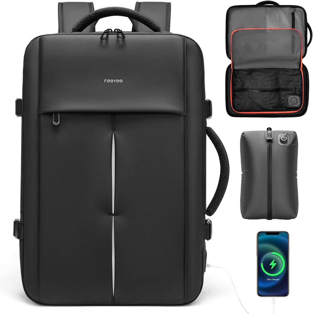 reeyee 18 Inch Large Laptop Backpack with Built-in Electric Vacuum Compression Bag, Expandable 25L-60L Travel Backpack for Men, No Pump Needed, Water Resistant Business Work Bag with USB/Type-C