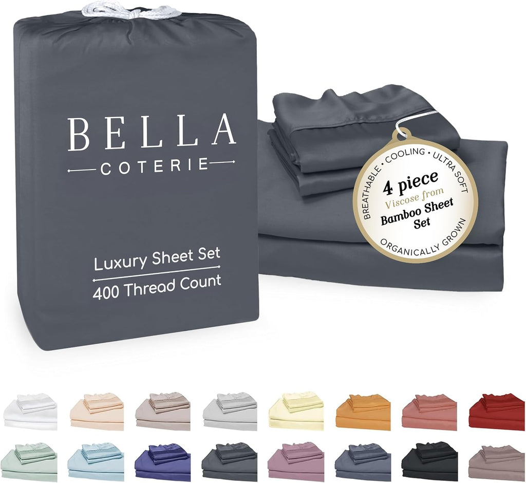 Bella Coterie Luxury Bamboo Viscose King Size Sheet Set | 100% Organically Grown | Ultra Soft | Cooling for Hot Sleepers | 18' Deep Pocket [Charcoal Grey]