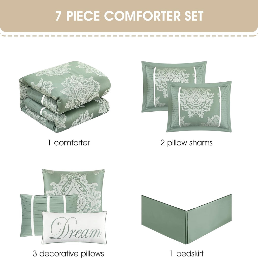 Grand Avenue Sage 7PC Comforter Set California King Size, Jacquard with Matching Solid Piecework Bedding Set, All Season, Bedskirt, Pillows & Shams
