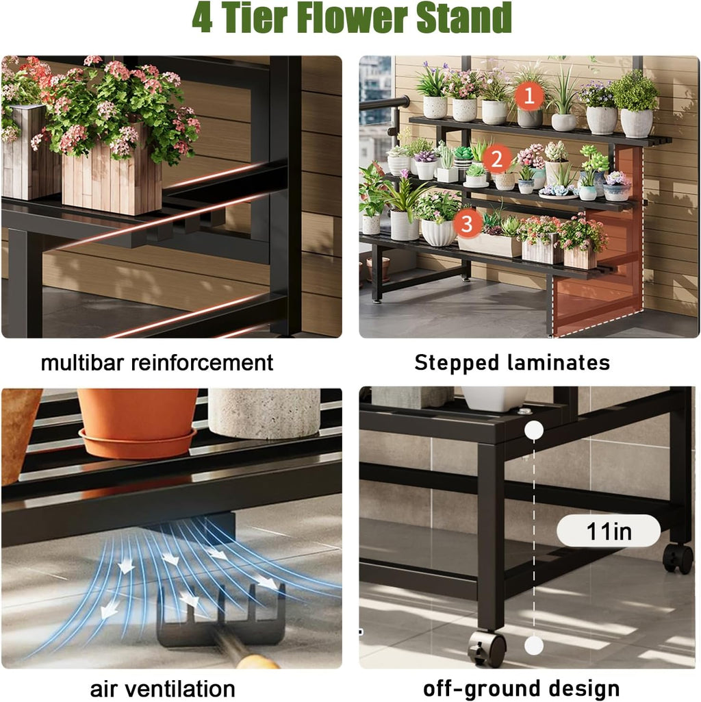 4Tier Sturdy Metal Plant Stand with Wheels, 39.9x24x65 Inch HighBlack Multiple Tiered Flower Display ，Heavy Duty Succulent Shelf for Home Indoor and Outdoor，Stair Shape，440 LBS Capacity (39in)
