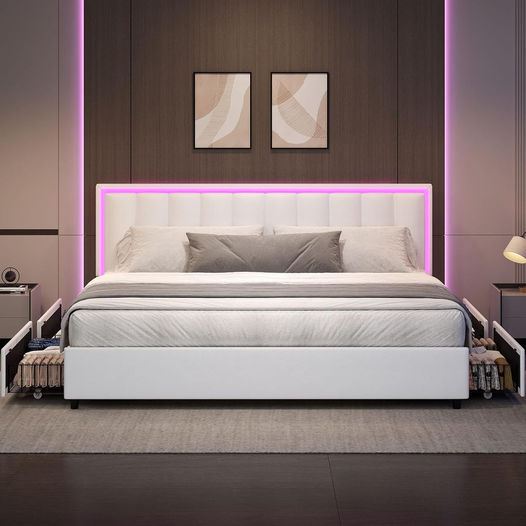 IMMERSTABLE King Size Bed Frame with 4 Drawers, Bed Frame King with LED Lights, Upholstered King Bed and Headboard, No Box Spring Needed, Noise-Free, Easy Assembly, White