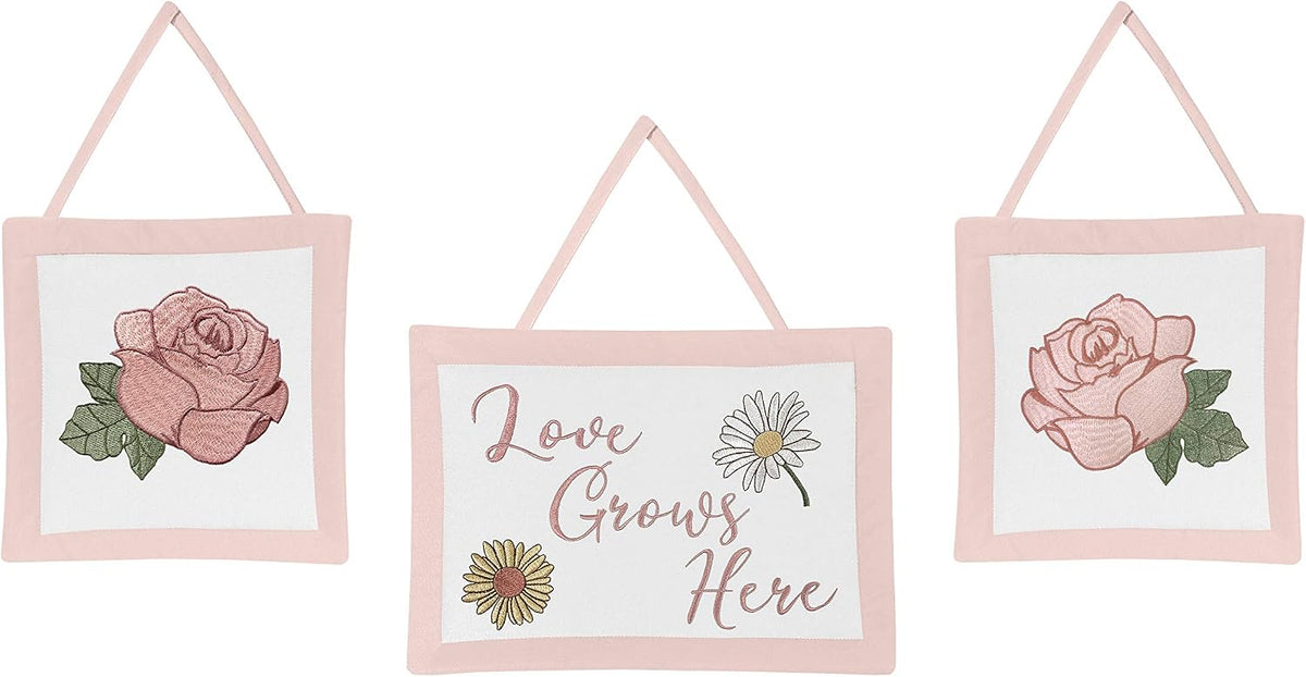 Sweet Jojo Designs Vintage Floral Boho Baby Girl Nursery Crib Bedding Set - 11 Pieces - Blush Pink, Yellow, Green and White Shabby Chic Rose Flower Farmhouse