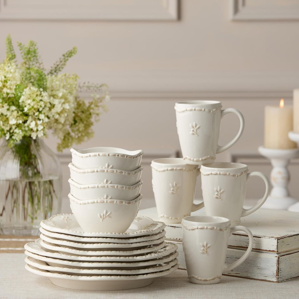 Heritage Beads 16pc Stoneware Dinnerware Set – Classic Cream White Plates, Bowls & Mugs with Raised Bead Accents – Elegant Vintage-Inspired Tableware, Service for 4, Dishwasher Safe