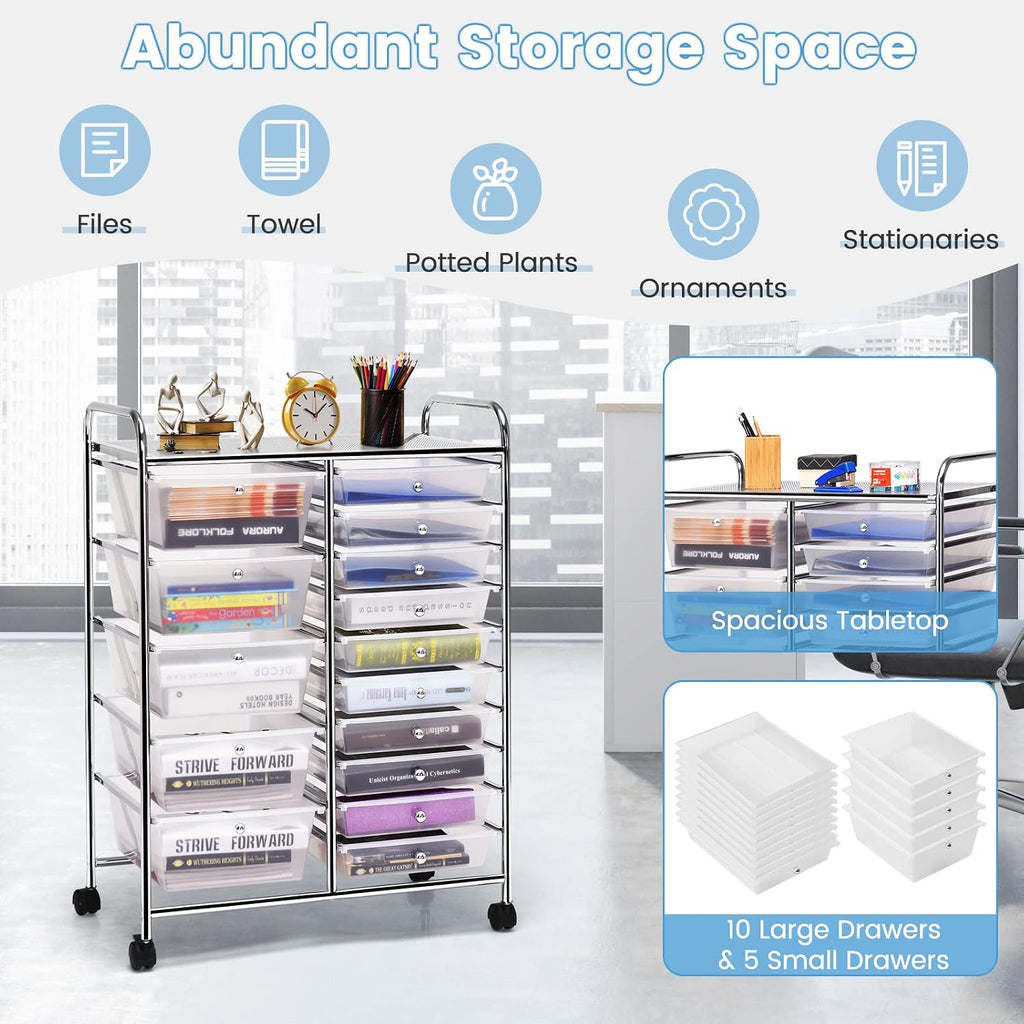 LUARANE Rolling Cart with 15 Drawers, Craft Storage Cart with Portable Handles & Lockable Wheels, Mobile Toys Organizer, Large Capacity Utility Drawer Cart Home Office School Teacher (Clear)