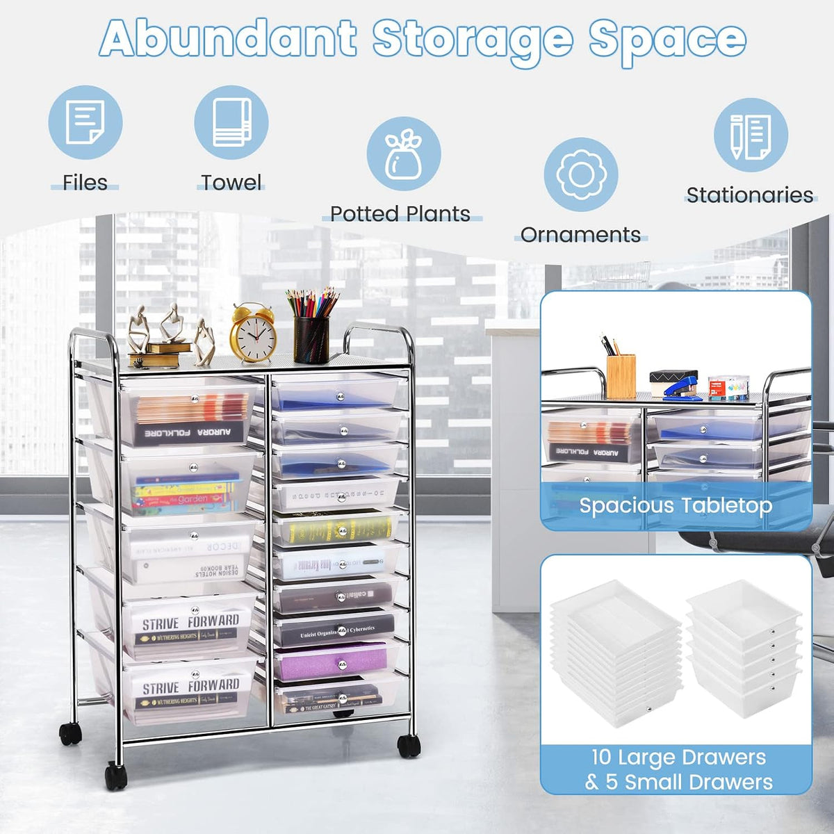 LUARANE Rolling Cart with 15 Drawers, Craft Storage Cart with Portable Handles & Lockable Wheels, Mobile Toys Organizer, Large Capacity Utility Drawer Cart Home Office School Teacher (Clear)