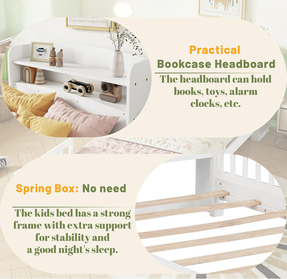 Twin Size Kids Bed, Twin Bed with Storage Bookcase & Headboard, Bed Frames with Rails & LED Motion Sensor Light, for Bedroom, for Boys & Girls, White