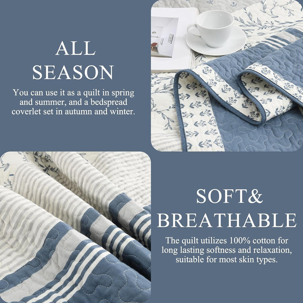 DDUOXIN 100% Cotton King Quilt - Modern Stripe Botanical Quilts with 2 Pillow Shams, Bedspread Reversible Lightweight Thin Comforter Bedding Set for All Seasons, Moonlight Blue/Gray/Off White