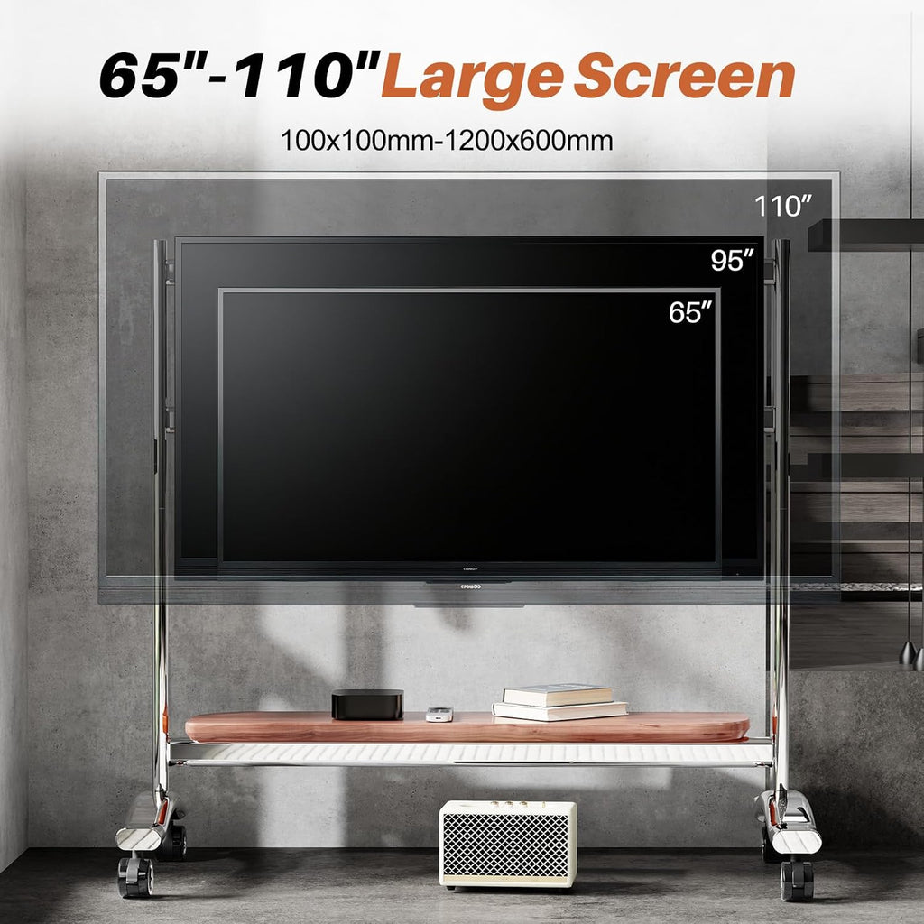 Heavy Duty Mobile TV Stand Easel Rolling TV Cart with Wheel for 65-110 Inch, Stainless Steel Portable Floor TV Stand on Wheels with Storage Pegboard Hold Up to 198 Lbs Max VESA 1200x600mm