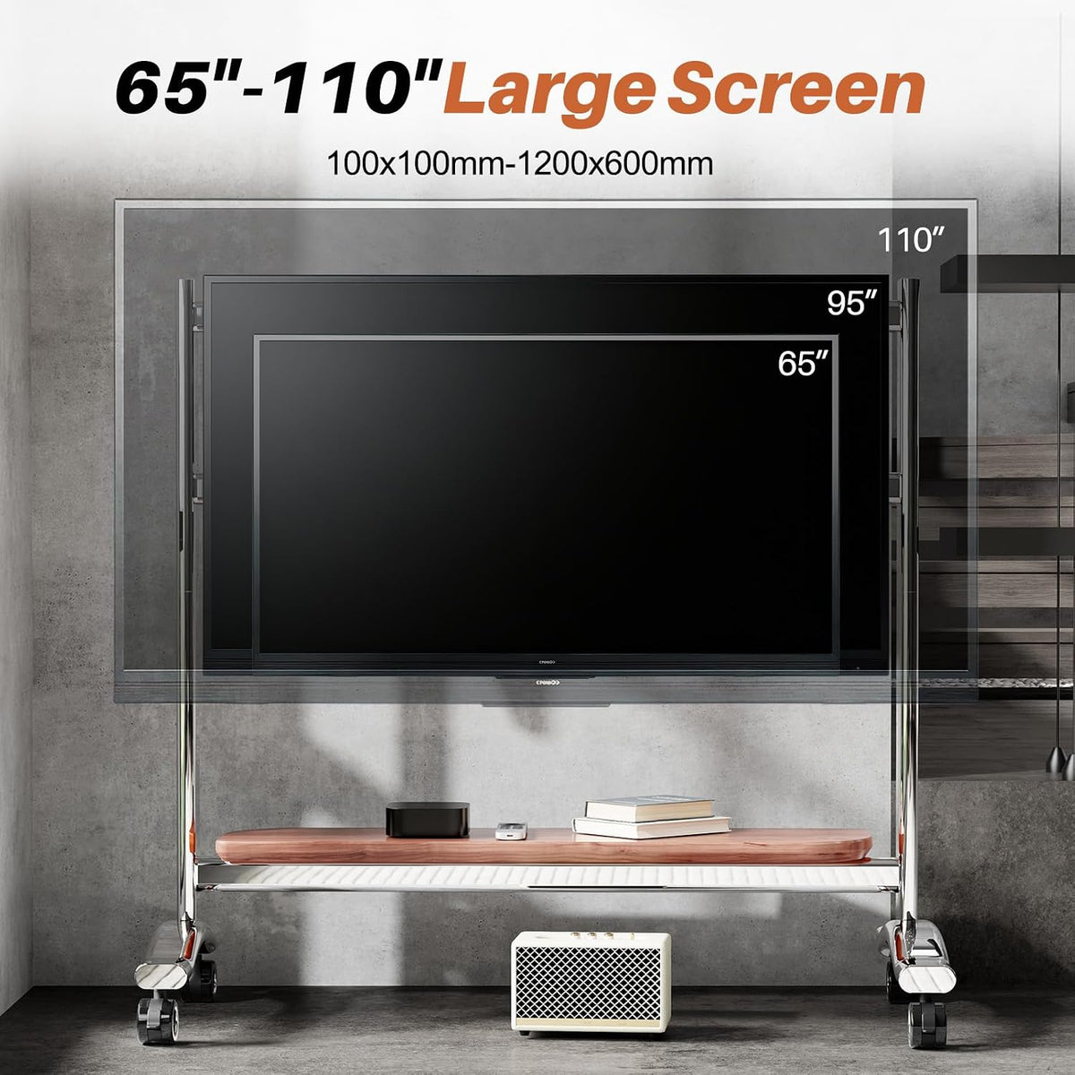 Heavy Duty Mobile TV Stand Easel Rolling TV Cart with Wheel for 65-110 Inch, Stainless Steel Portable Floor TV Stand on Wheels with Storage Pegboard Hold Up to 198 Lbs Max VESA 1200x600mm