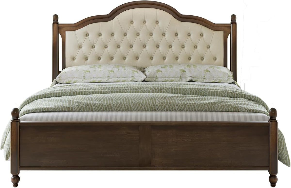 LUXOAK Solid Wood Bed Frame with Linen Upholstered Headboard, Queen Size Wood Platform Bed with Wood Slats, No Box Spring Needed, Easy Assembly, Walnut