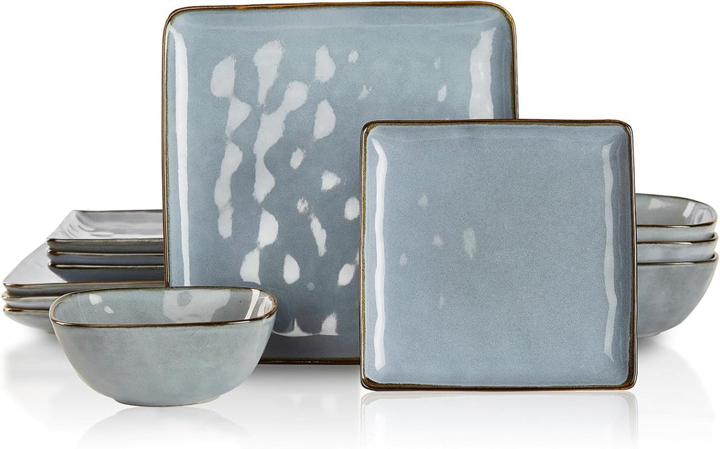 Famiware Ocean Square 12 Pieces Dinnerware Set + 6 Pieces Oval Dipping Bowl Set, Microwave and Dishwasher Safe, Blue