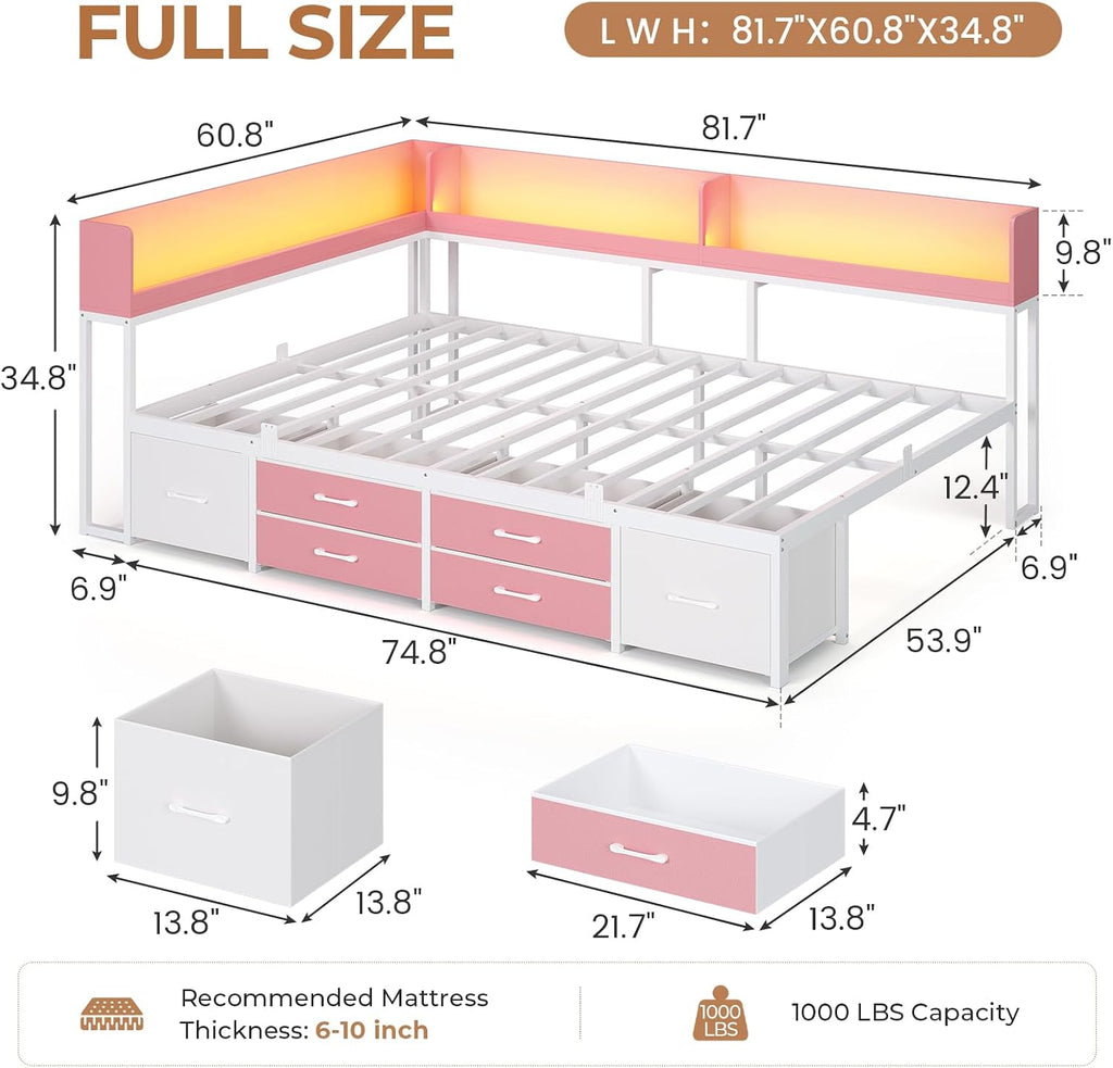 VIAGDO Corner Bed Frame Full with Storage Bookcase and 6 Drawers, Metal Platform Corner Bed Frame with LED Lights and Charging Station, Full Daybed for Kids Teenagers, Pink