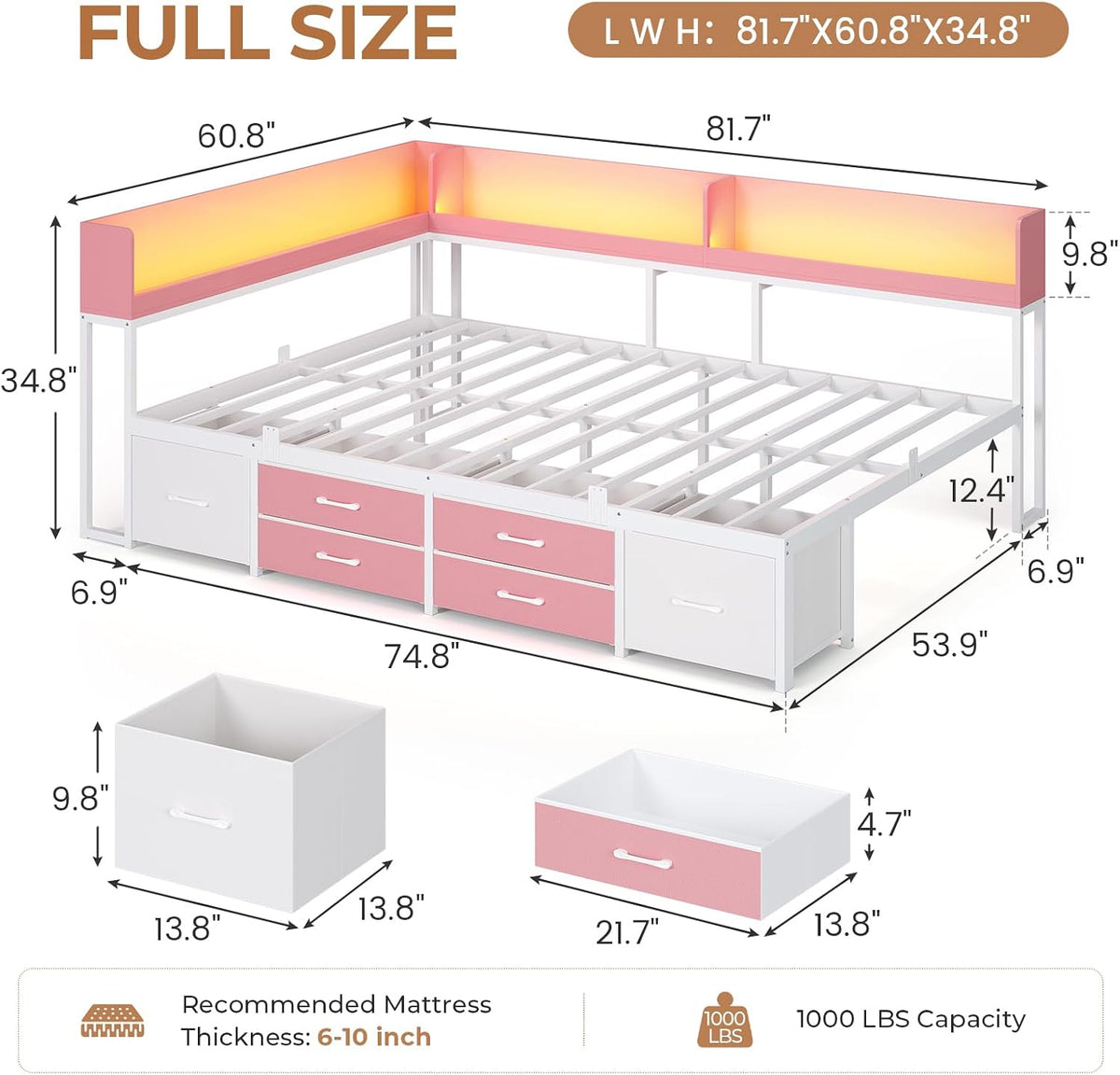 VIAGDO Corner Bed Frame Full with Storage Bookcase and 6 Drawers, Metal Platform Corner Bed Frame with LED Lights and Charging Station, Full Daybed for Kids Teenagers, Pink