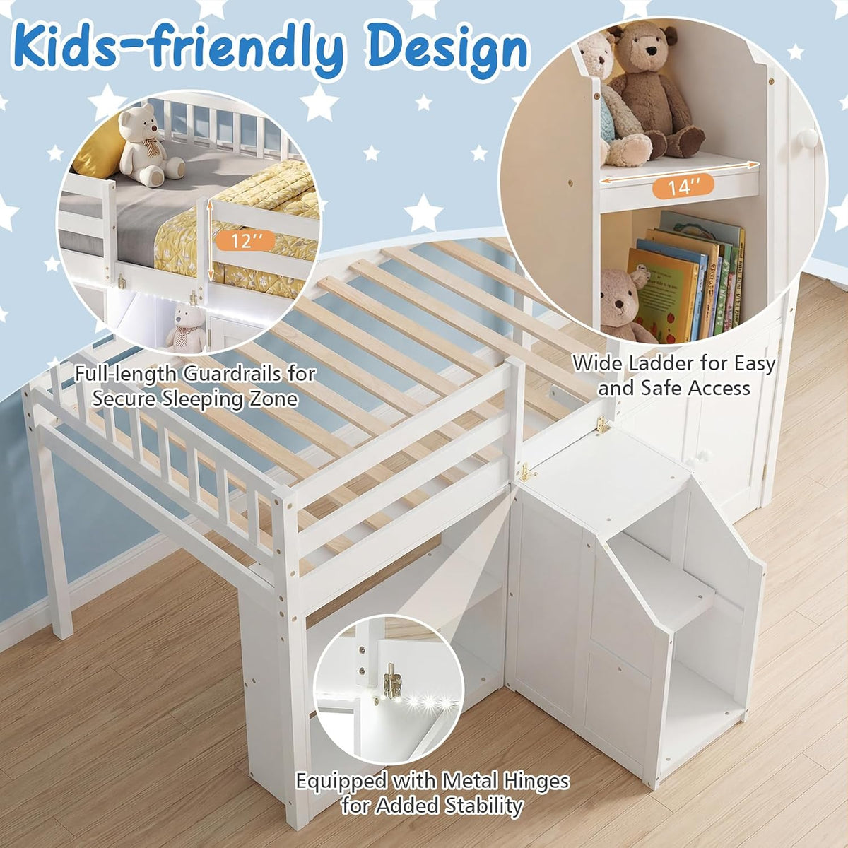 Giantex Low Loft Bed Twin Size with LED Lights, Wooden Bed Frame w/Stairs, Safety Guardrails, Storage Cabinet, Bookshelf & Under-Bed Play Space, Modern Kids Loft Bed for Boys Girls (White)