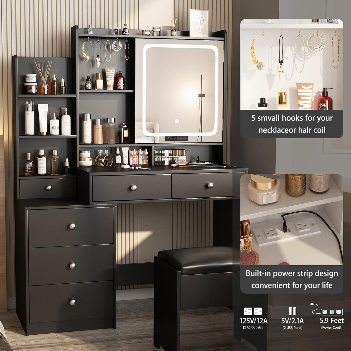 Vabches Vanity Makeup Mirror Desk with Stool,Makeup Vanity Set with 6 Drawers and Shelves,Dressing Table with Power Strip, 3 Color Modes Available,Black