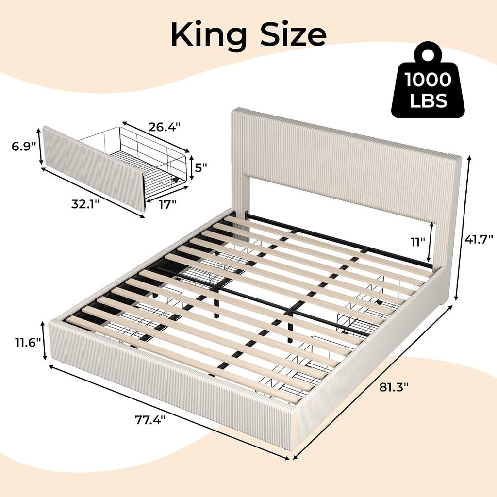 GarveeHome Bed Frame, King Size Platform Bed with 4 Storage Drawers, Upholstered Corduroy Channel Tufted Headboard Bed Frame with Strong Wooden Slat Support, No Box Spring Needed, Beige
