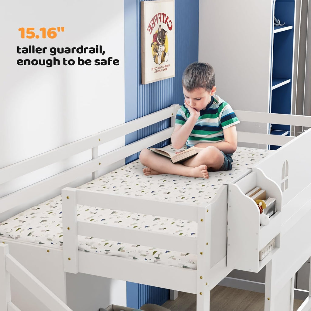 JOYMOR Low Loft Bed with LED Lights, Twin Loft Bed with Stairs, Safety Guardrail, Curtain, Wooden Bed Frame for Kids with Storage Staircase and Under-Bed Play Space,Pure White