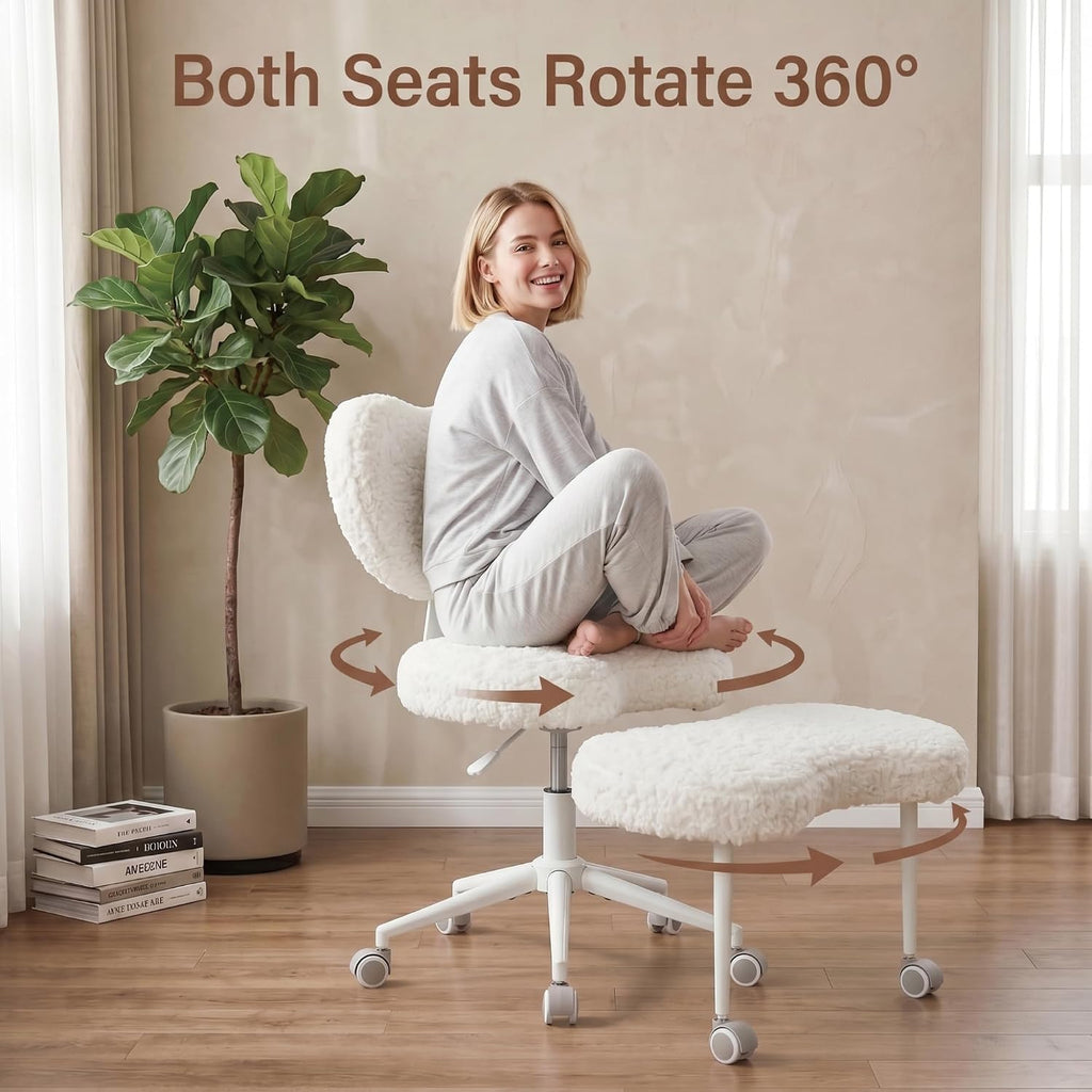 Cross Legged Office Chair with Wheels, 360 Swivel Height-Adjustable Meditation Chair with Lumbar Support, Beige