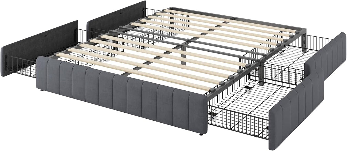 Allewie Queen Size Platform Bed Frame with 4 Large Storage Drawers, Velvet Vertical Channel Tufted Upholstered Bed Base, Wooden Slats Support, Noise-Free, No Box Spring Needed, Easy Assembly, Grey