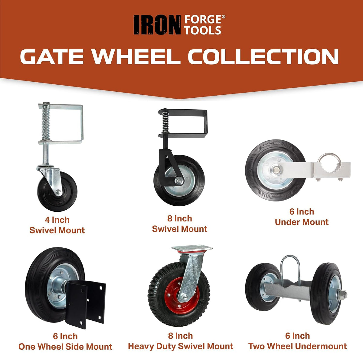 Iron Forge Tools 8 Inch Heavy Duty Swivel Knobby Casters Set of 4, 7-7/8'Diameter, Solid PU Knobby Tread Heavy Duty Caster Wheels, Swiveling Bases, Two Casters with Brakes, Two Without, Black & Red