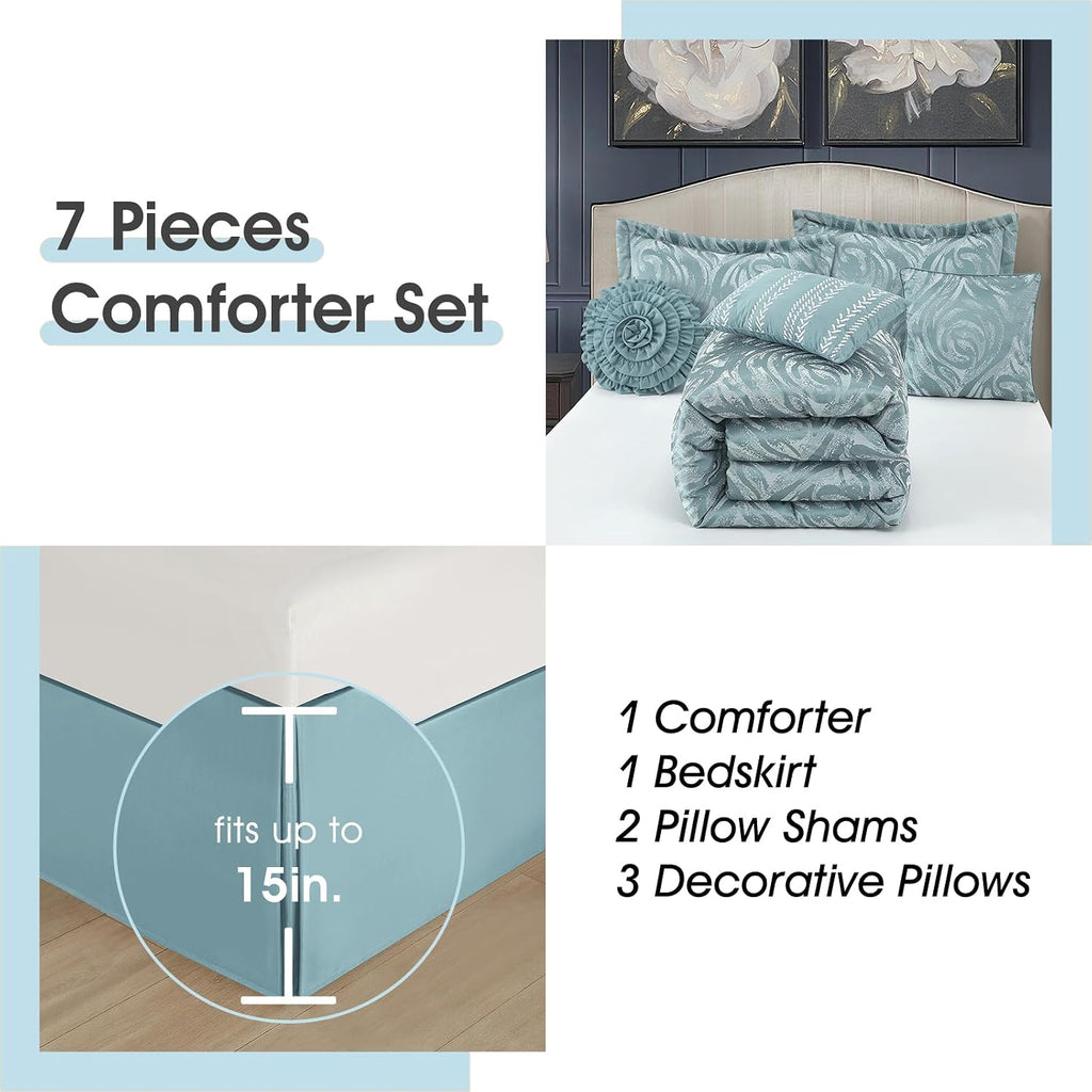 LANCO MODERN LIFESTYLE Blue 7 Piece Comforter Set, Queen, Elegant Floral Jacquard, Ultra Soft Bed Set for All Seasons, Bed in a Bag, Include Comforter, Bed Skirt, Pillow Shams & Decor Pillows