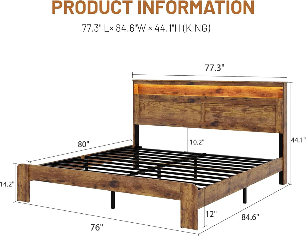 Wooden Bed Frame King Size with Storage Headboard, Rustic Platform Bedframe with LED Lights & Charging Station, Metal Slats Support, Noise-Free, No Box Spring Needed, Brown