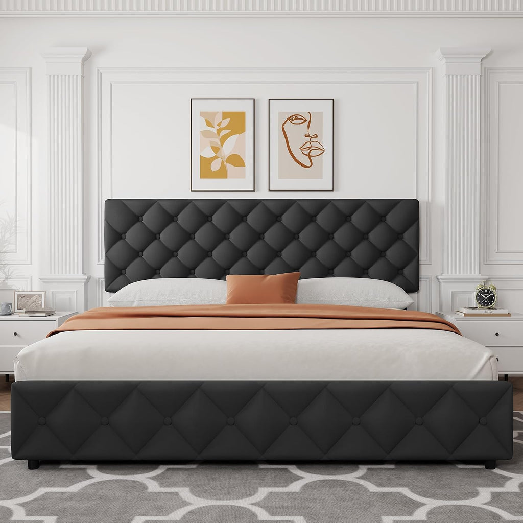 GarveeHome King Size Bed Frame with 4 Storage Drawers and Adjustable Headboard, Linen Upholstered Platform Beds, Diamond Stitched Button Tufted, No Box Spring Needed, Black