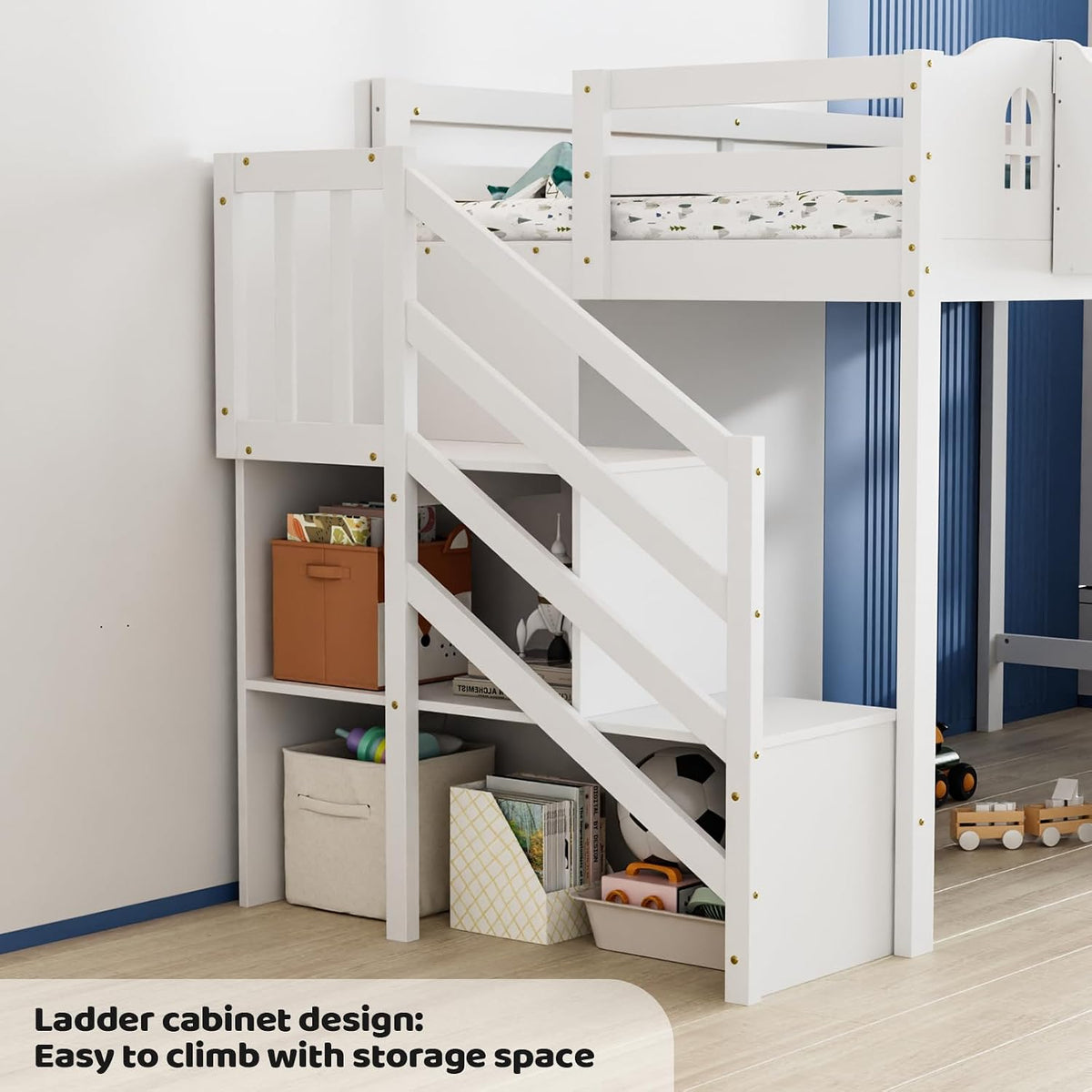 JOYMOR Low Loft Bed with LED Lights, Twin Loft Bed with Stairs, Safety Guardrail, Curtain, Wooden Bed Frame for Kids with Storage Staircase and Under-Bed Play Space,Pure White