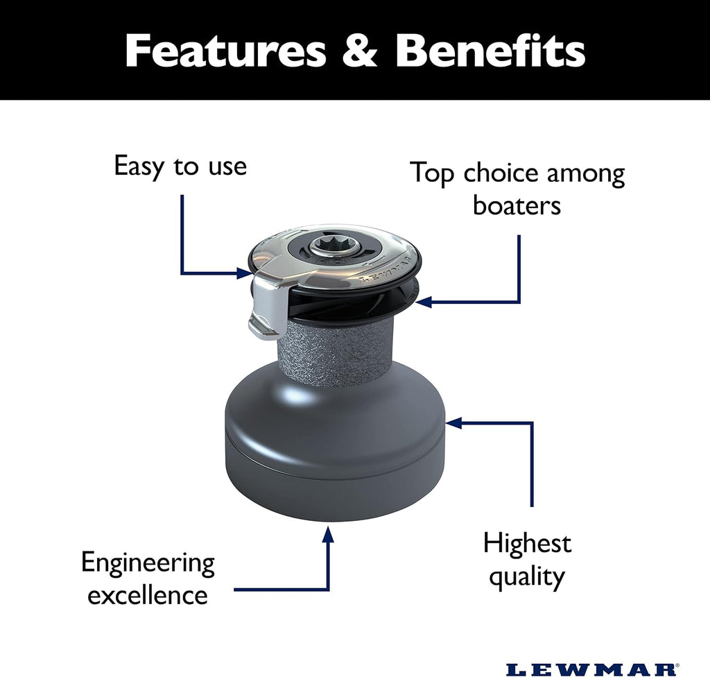 Lewmar 15ST EVO Self Tailing Alloy Winch in Grey – Single Speed Size 15 Winch, Gear Ratio 2:1, Power Ratio 15.8:1, Measures 4-3/4' Base Diameter x 4-11/16' high, no Tools Required