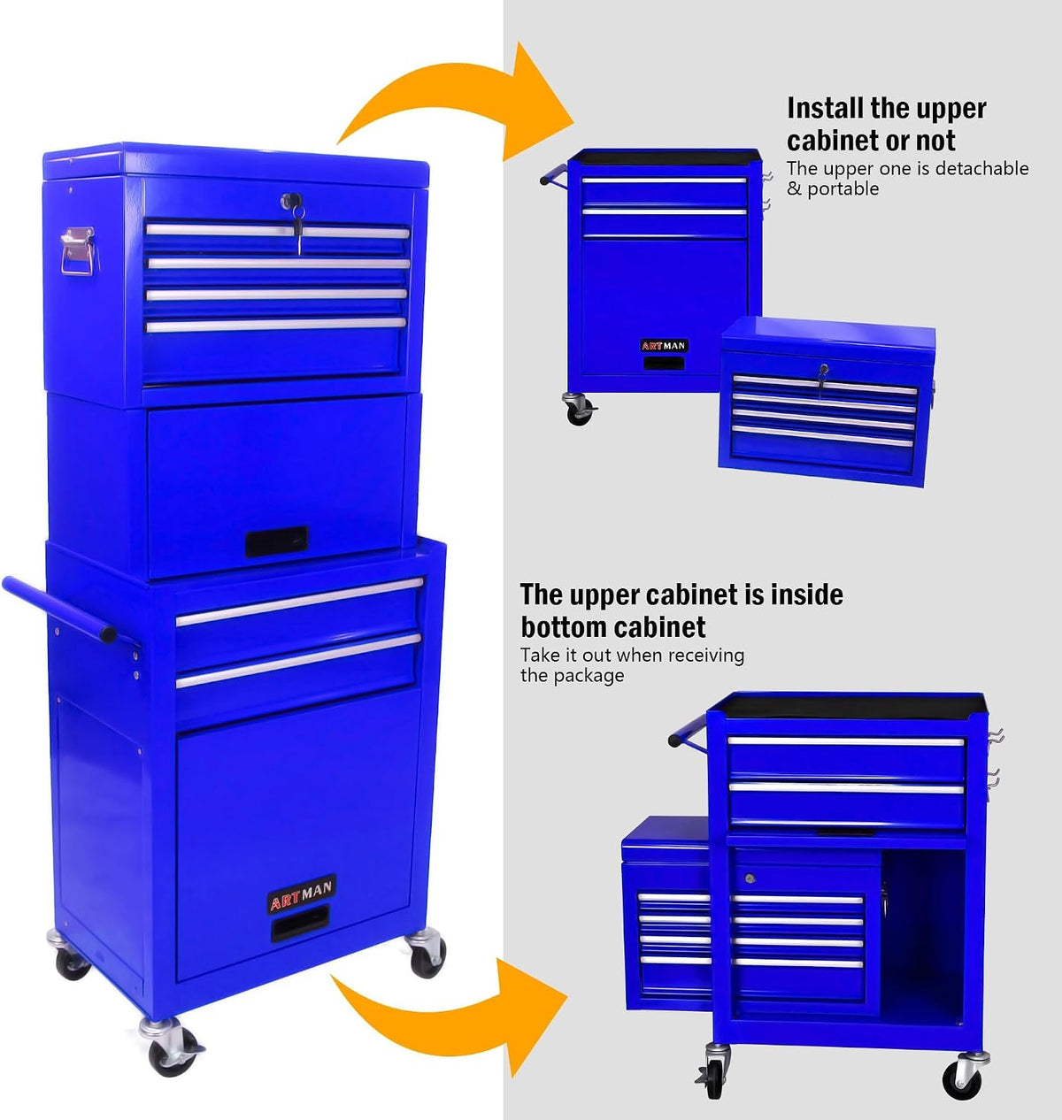 6-Drawer Tool Chest, 3-in-1 Rolling Tool Box with Detachable Top Toolbox & Key Lock,Tool Cabinet with Protective Liner & Universal Lockable Wheels,Metal Storage Cart for Garage,Workshop (Blue)