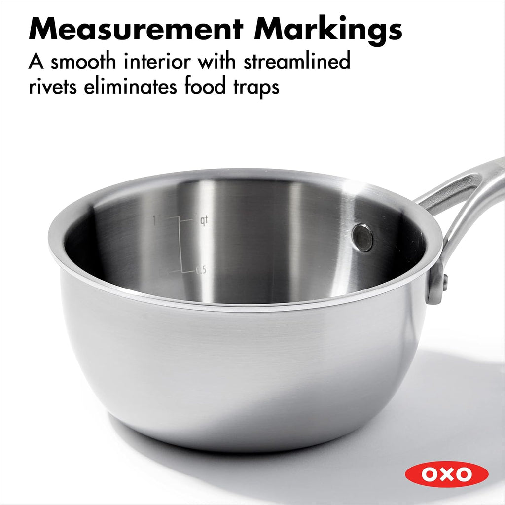 OXO Mira Tri-Ply Stainless Steel, 1.5QT and 3.57QT Chef's Pan Set with Lids, PFAS-Free, Multi Clad, Induction, Dishwasher Safe, Oven Safe, Silver