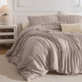 Masaca Oversized King Comforter(120'x98'),Taupe Ruched Ruffle California King Comforter Set,3 Pieces Lightweight Extra Large Farmhouse Shabby Boho Chic French Country Bedding Set