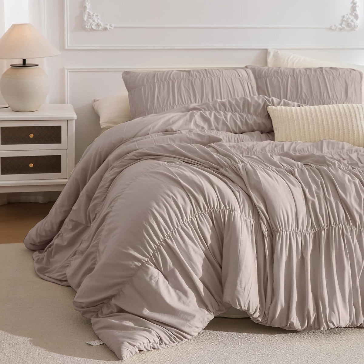 Masaca Oversized King Comforter(120'x98'),Taupe Ruched Ruffle California King Comforter Set,3 Pieces Lightweight Extra Large Farmhouse Shabby Boho Chic French Country Bedding Set