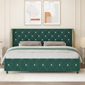HOMBCK King Size Bed Frame with Headboard, Upholstered Platform Bed with Wingback Design, Modern Diamond Bed Frame with Tufted Deep Button, No Box Spring Needed, Easy Assembly, Green